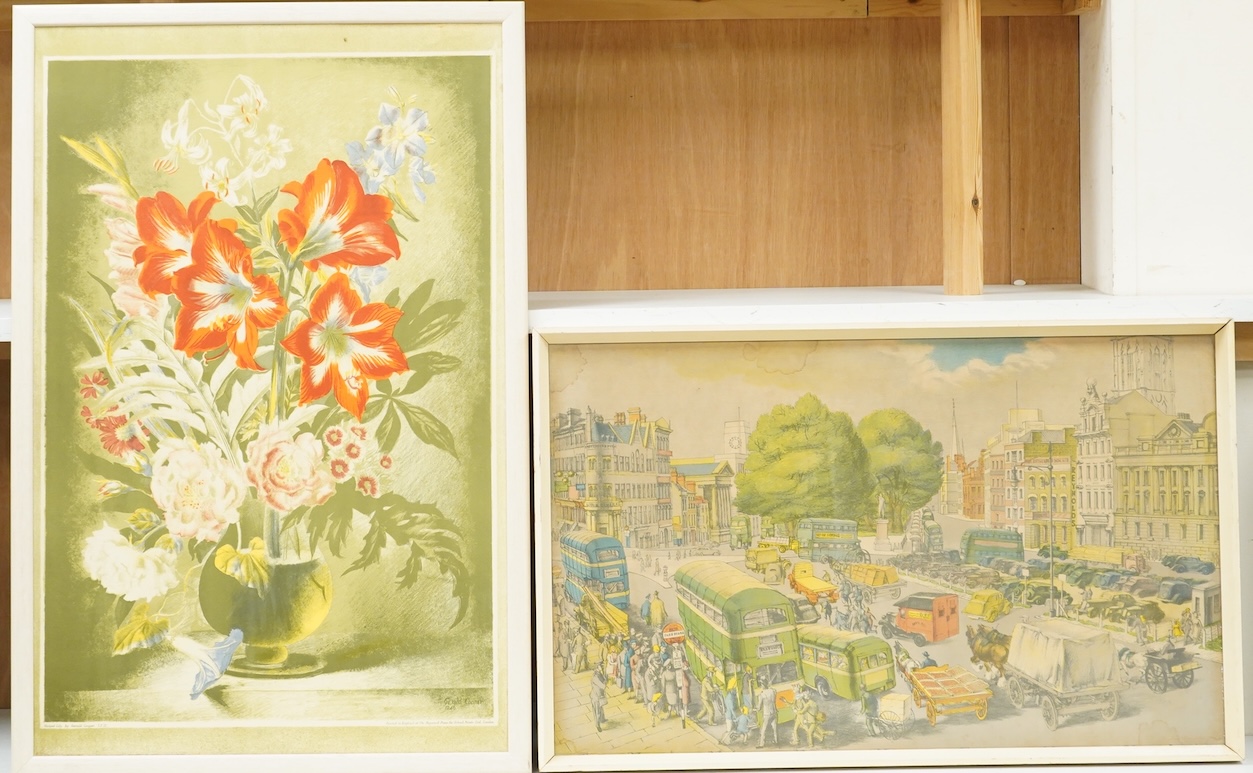 After Gerald Cooper (1898-1975), 'Striped Lily', sp12, printed in England at The Baynard Press, lithographic school print, together with after Phyllis Ginger, ‘Town Centre’, lithographic school print, largest 42 x 68cm